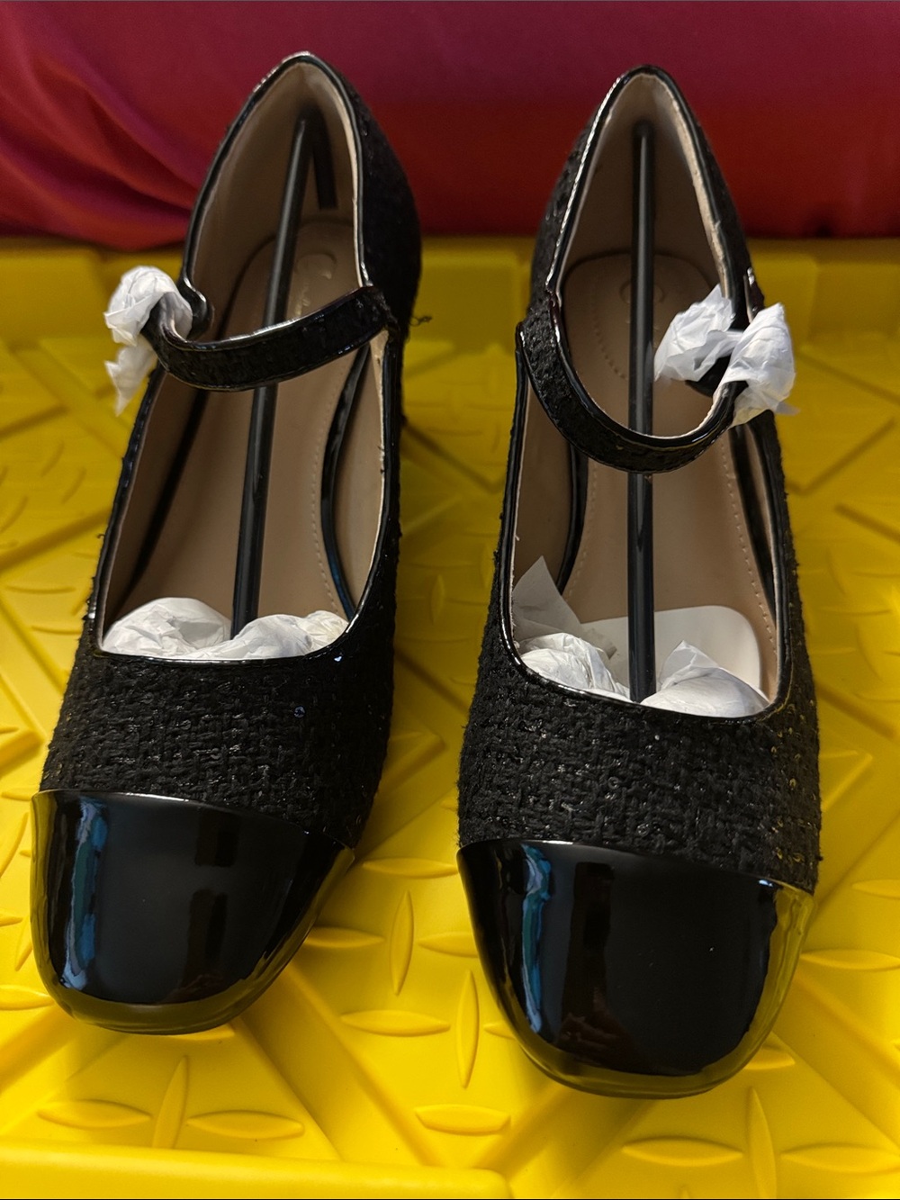 Black Tweed Mary Jane Heels with Patent Cap Toe